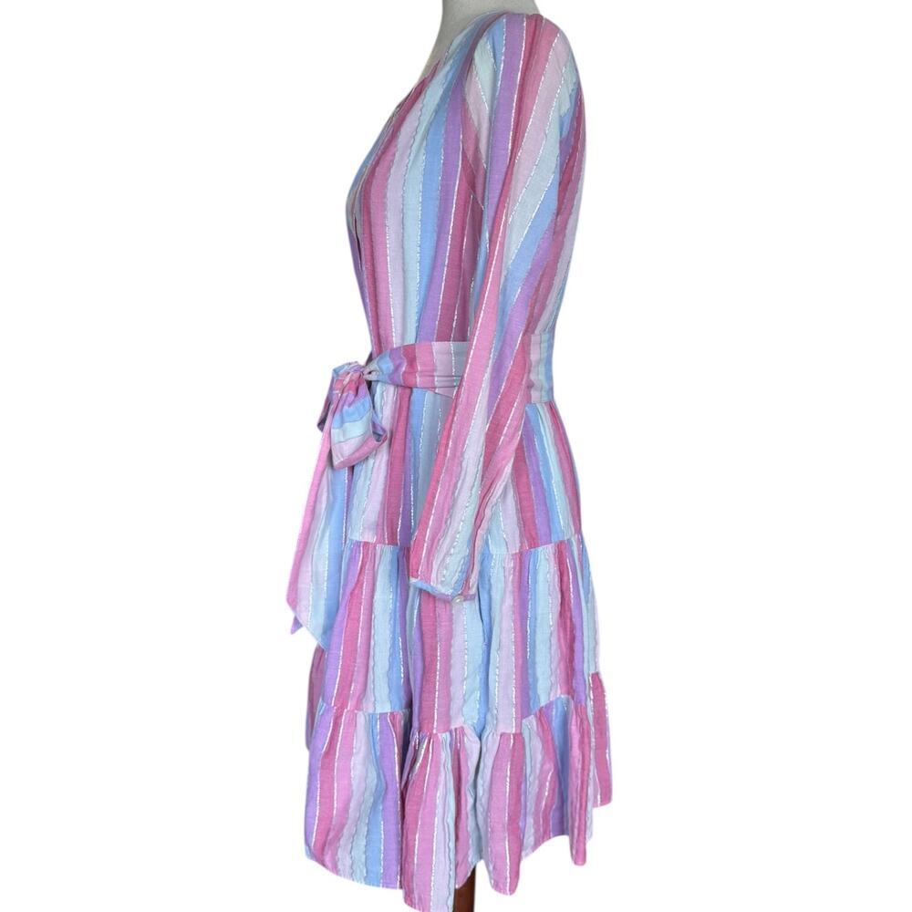 J.Crew Re-Imagined Pastel Stripe Metallic Thread Tiered Belted Dress XS - Picture 5 of 8